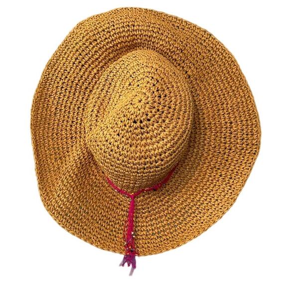 Vintage Beach Hat Womens Raffia Straw Pink Beaded Floppy Resort Vacation Y2k - Picture 2 of 3